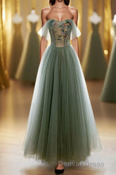 A-Line Green Tulle Long Prom Dresses, Off the Shoulder Evening Party Dresses